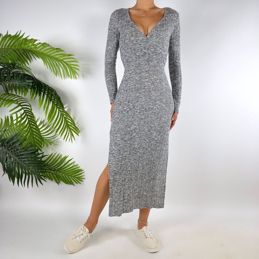 Womens Vintage Gray Bodycon Classy Casual Long Sleeve Knit Maxi Dress / Small